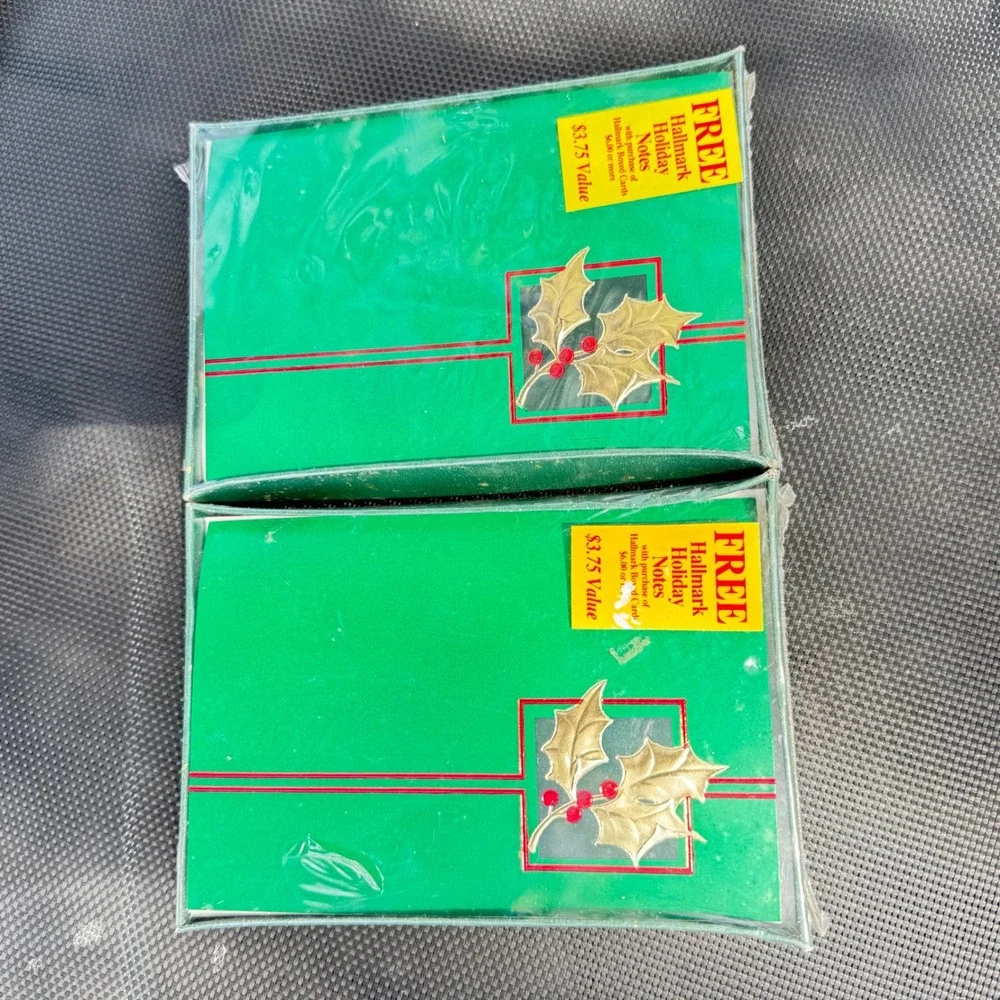 VTG Hallmark‎ Holiday Notes 2 Boxes Christmas Holly Gold Green Blank Cards USA